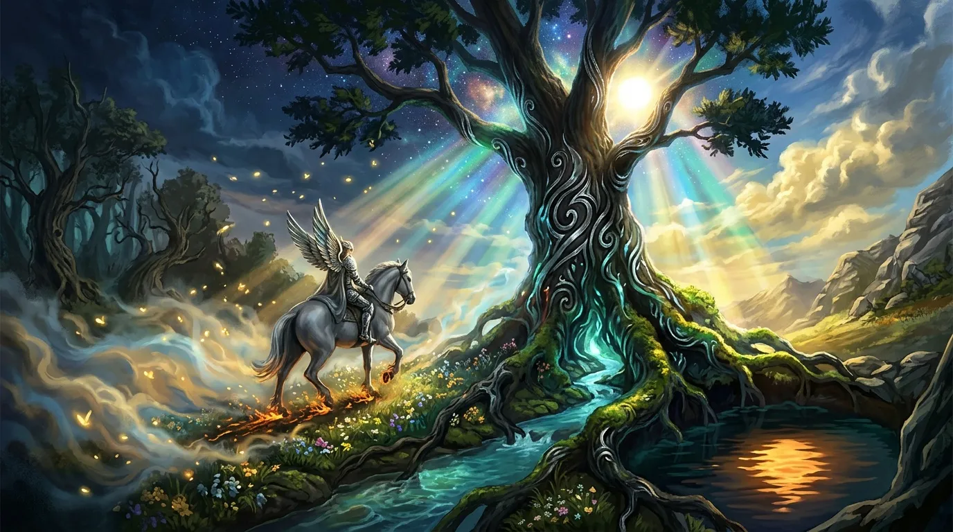 Cavalier ailé devant un arbre magique luminescent dans une vallée enchantée