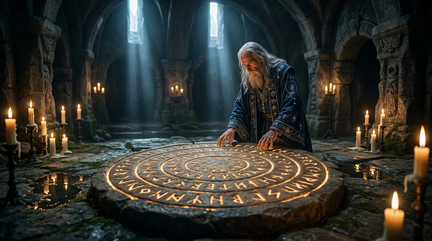 Magicien barbu étudiant un cercle runique dans une crypte ancienne.