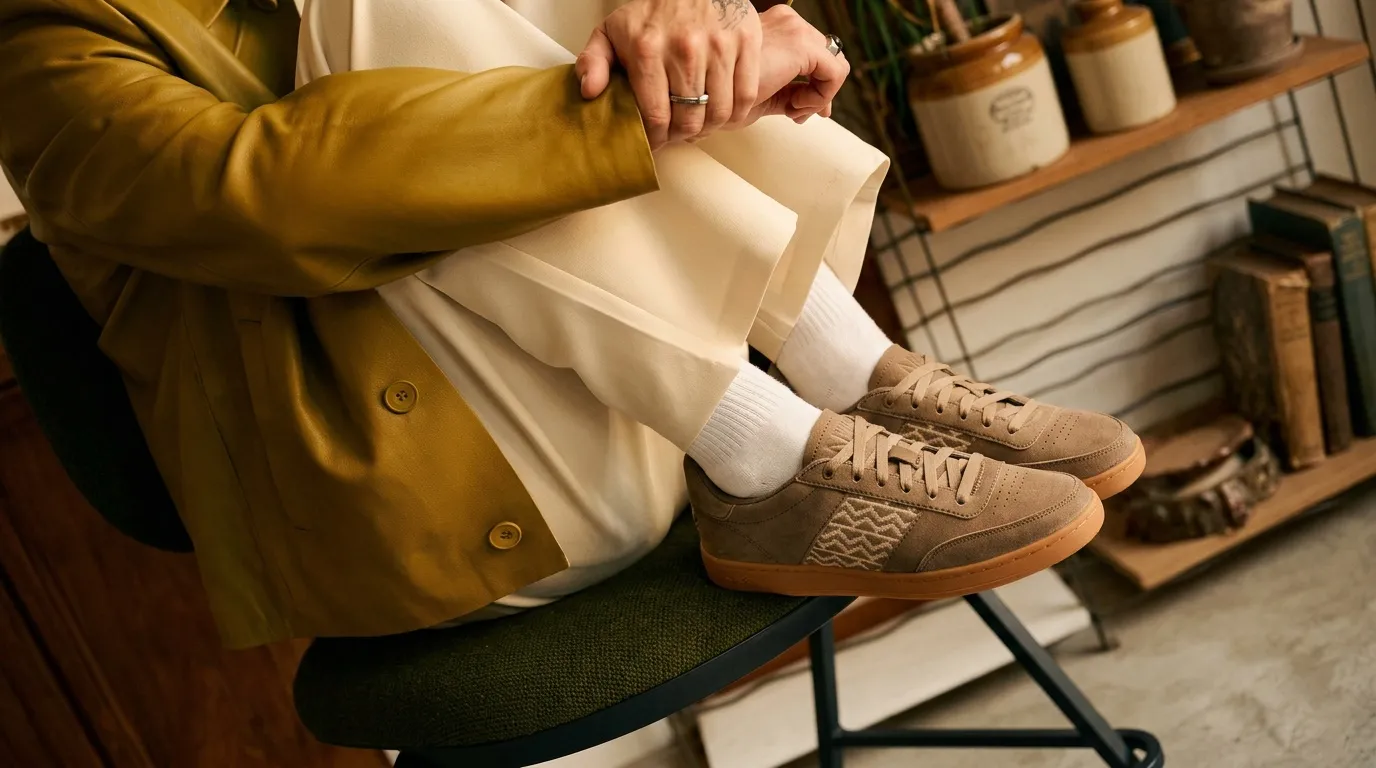Personne en blazer jaune portant baskets beiges et chaussettes blanches