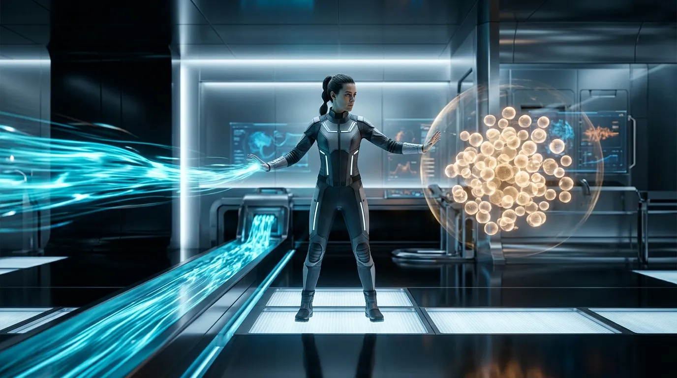 Femme en combinaison technologique contr&ocirc;lant l'&eacute;nergie bleue et orange