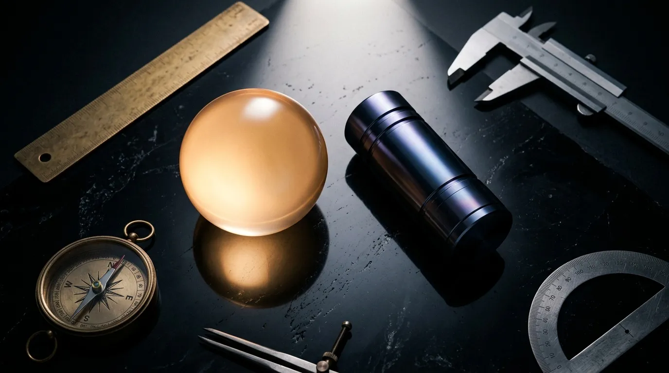 Compass, sphere, caliper, ruler and measuring instruments on dark surface
