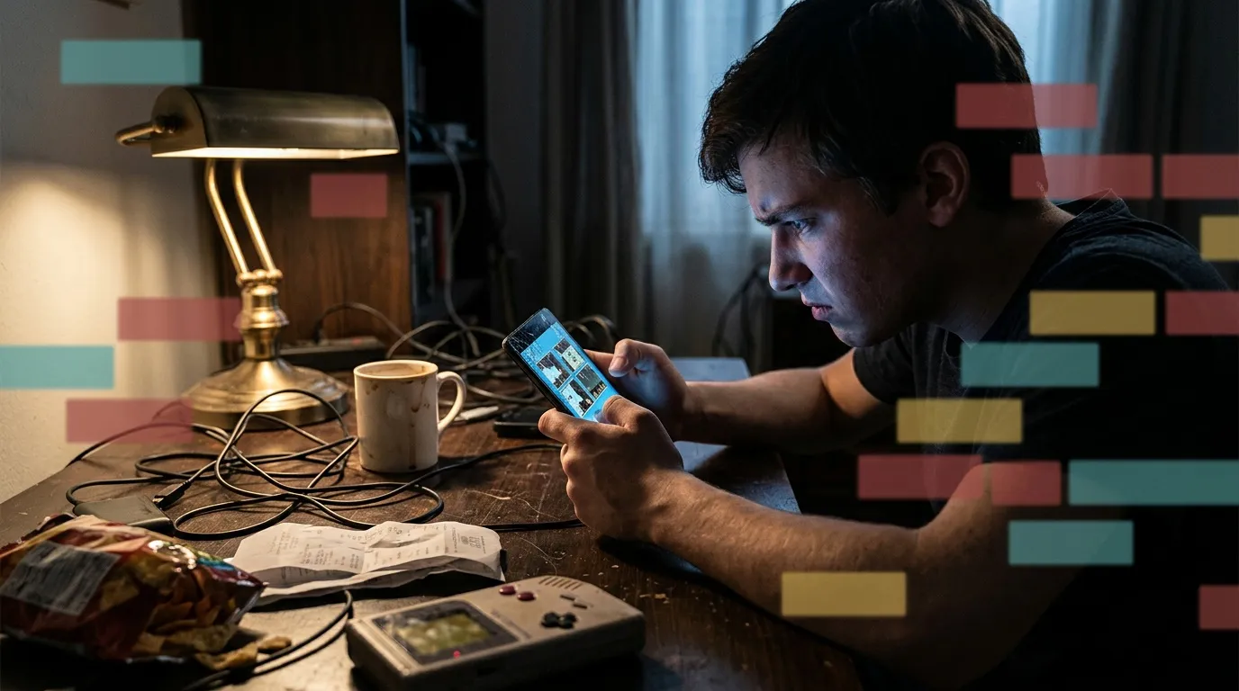 Homme examine smartphone entouré appareils électroniques rétro