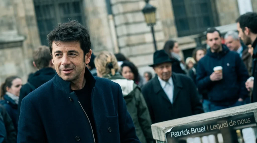 Homme en manteau bleu sourit dans une rue urbaine bondée