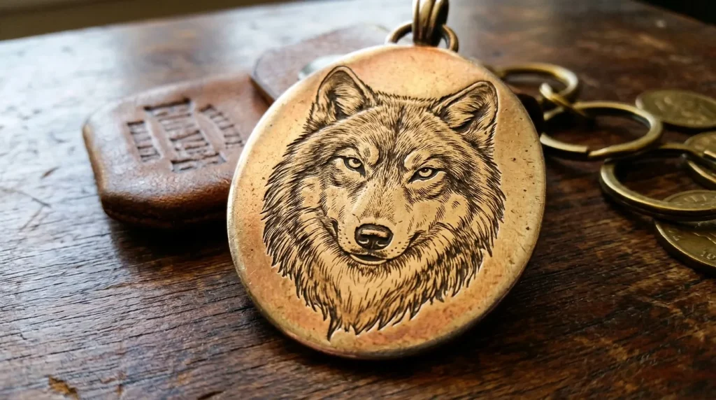 Pendentif rond en bronze avec gravure de tête de loup