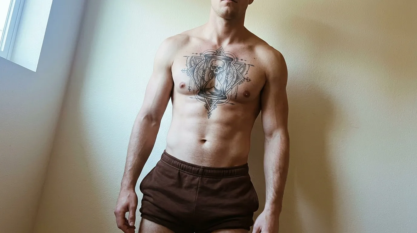 Homme torse nu avec tatouage symbolique sur la poitrine
