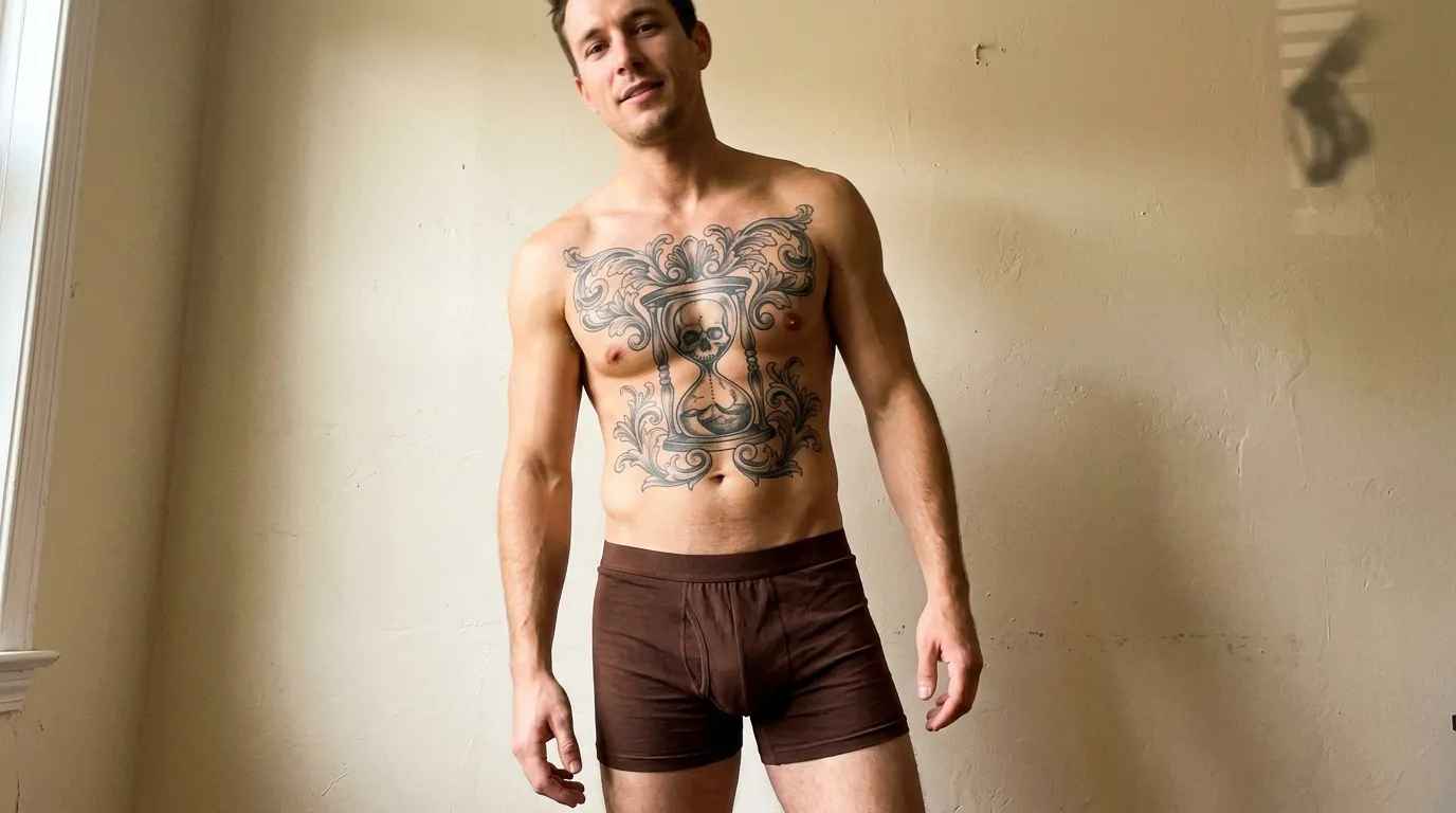 Homme torse nu affichant grand tatouage sablier ornemental