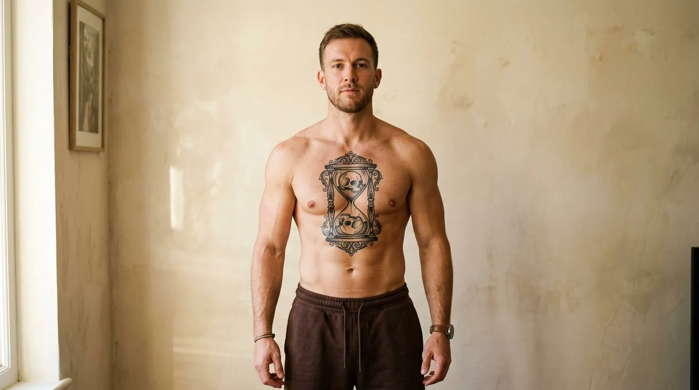 Homme torse nu avec tatouage sablier sur la poitrine