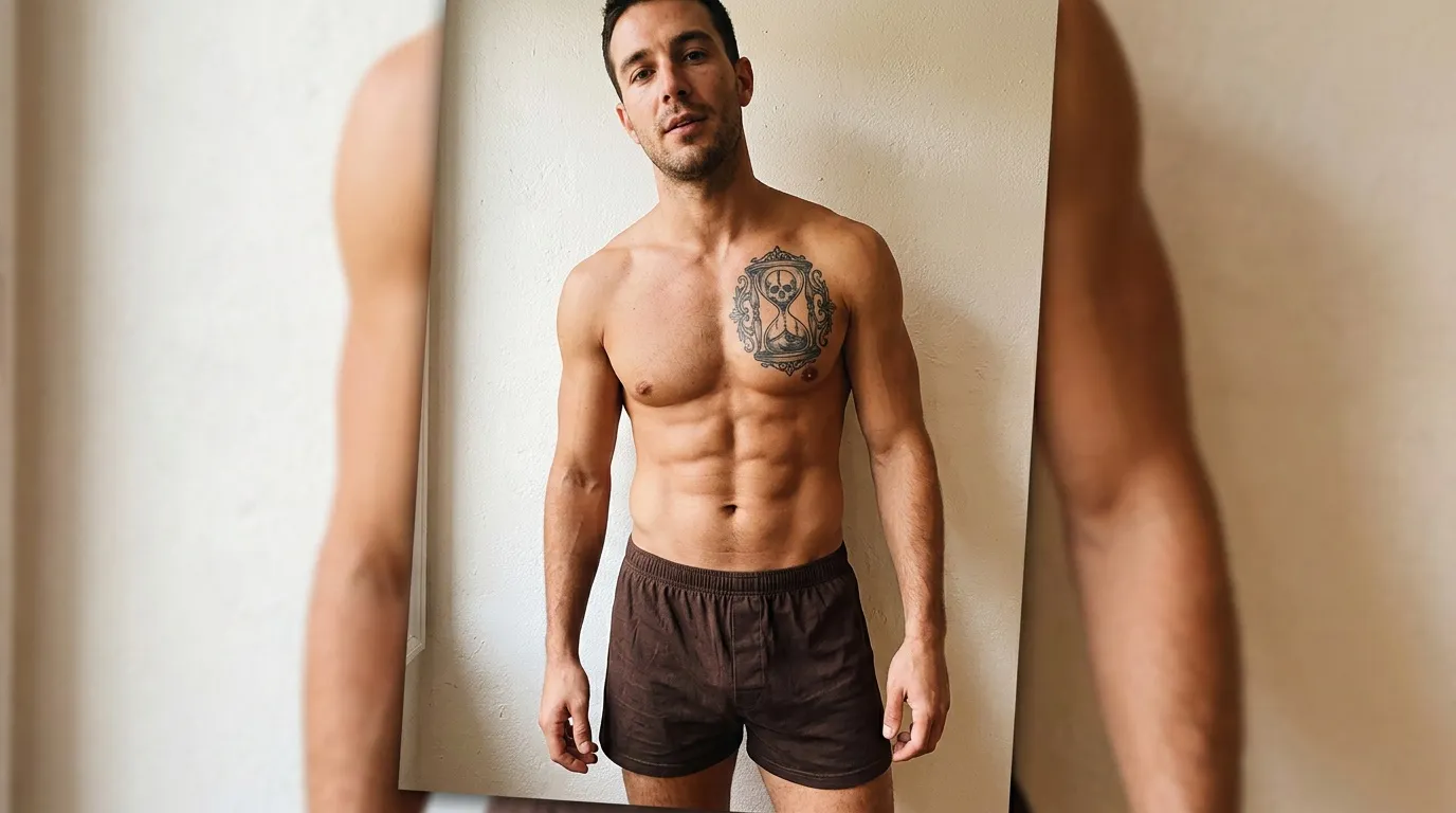 Homme musclé tatoué posant devant un miroir