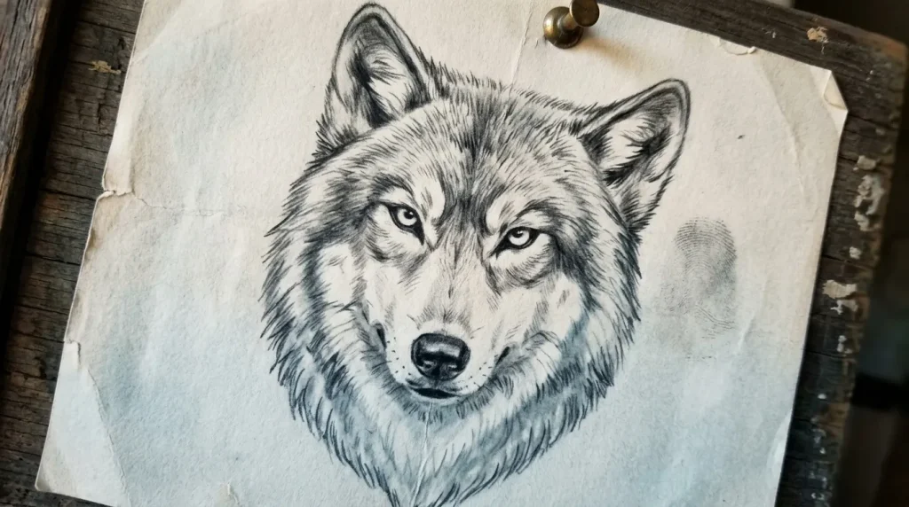 Dessin au crayon d'un loup avec yeux intenses