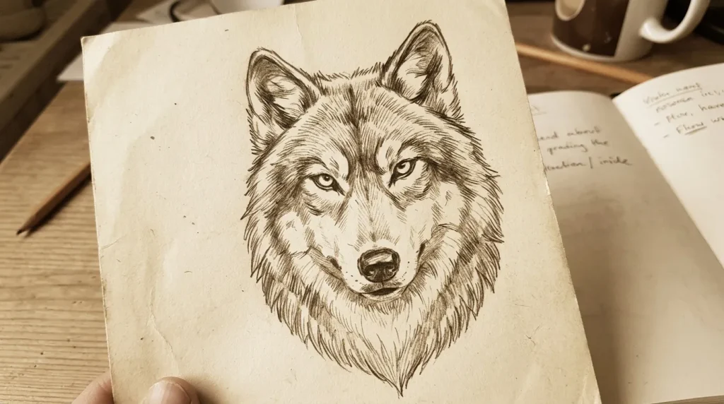 Dessin à l'encre d'un loup aux yeux perçants