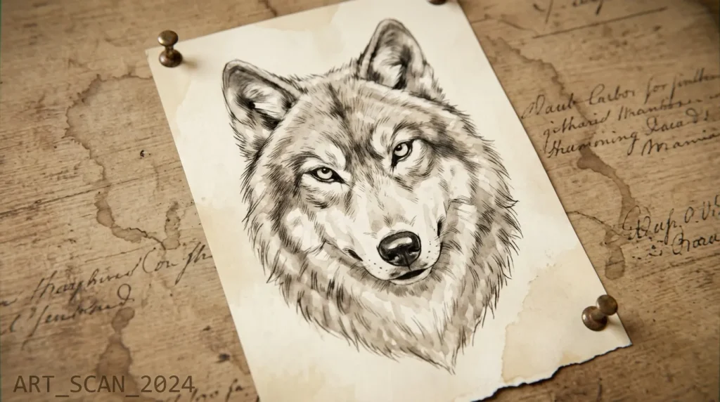 Dessin détaillé d'un loup aux yeux perçants sur papier ancien