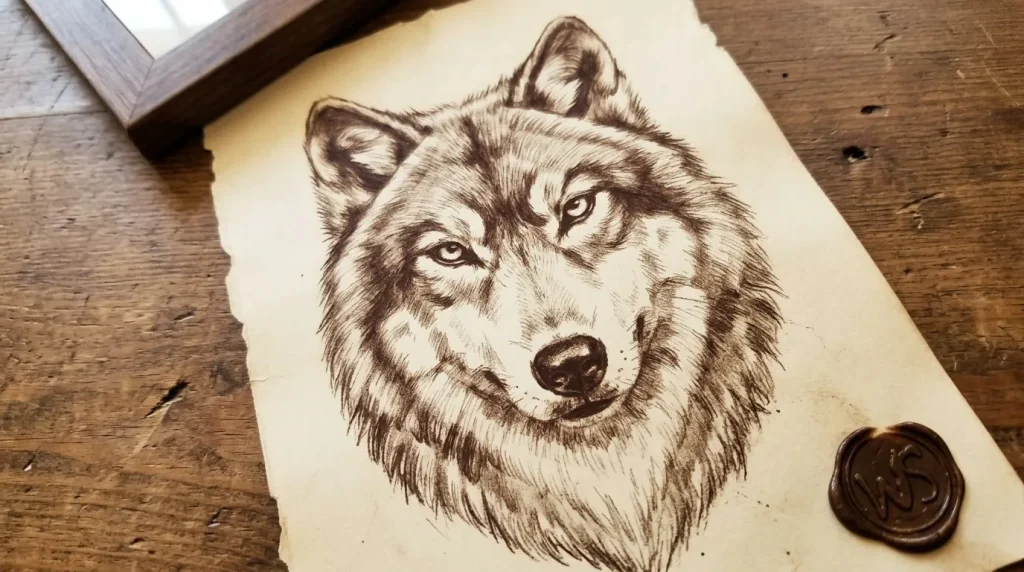 Dessin à l'encre d'un loup sur papier vintage avec sceau de cire