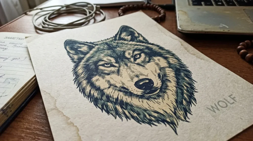 Dessin d'un loup noir et blanc sur papier blanc