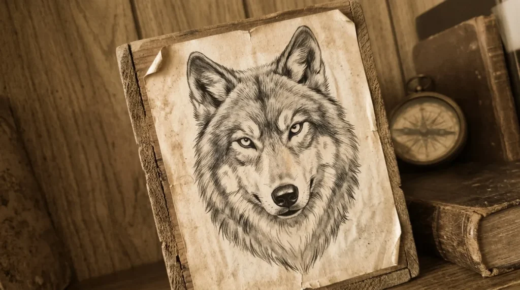 Dessin de loup au crayon sur papier ancien, style gravure.
