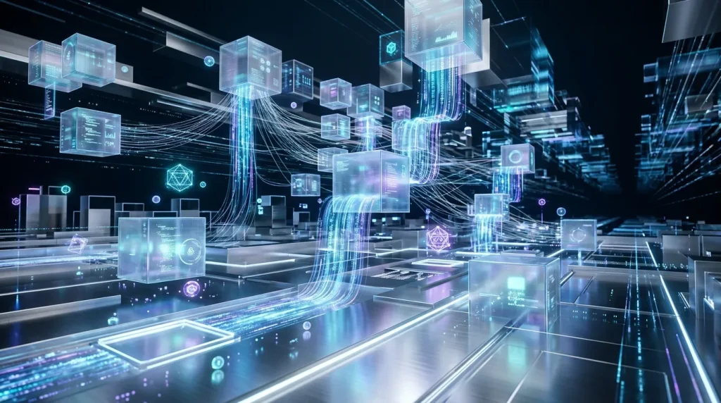 Visualisation 3D d'une architecture réseau technologique futuriste avec connexions.