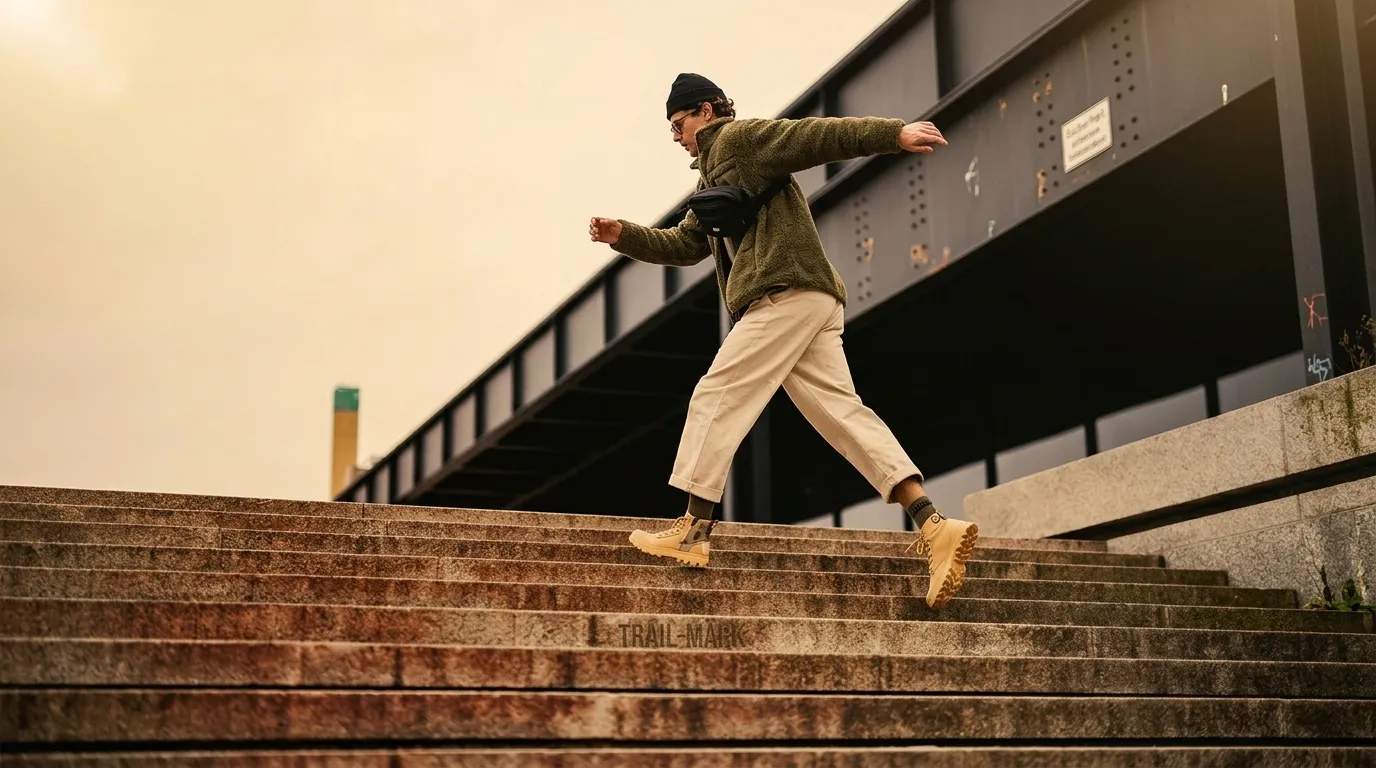 Homme saute escalier béton, vêtements casual, environnement urbain
