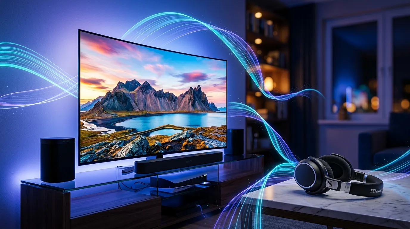 Bureau avec &eacute;cran, casque et effets lumineux n&eacute;on bleus