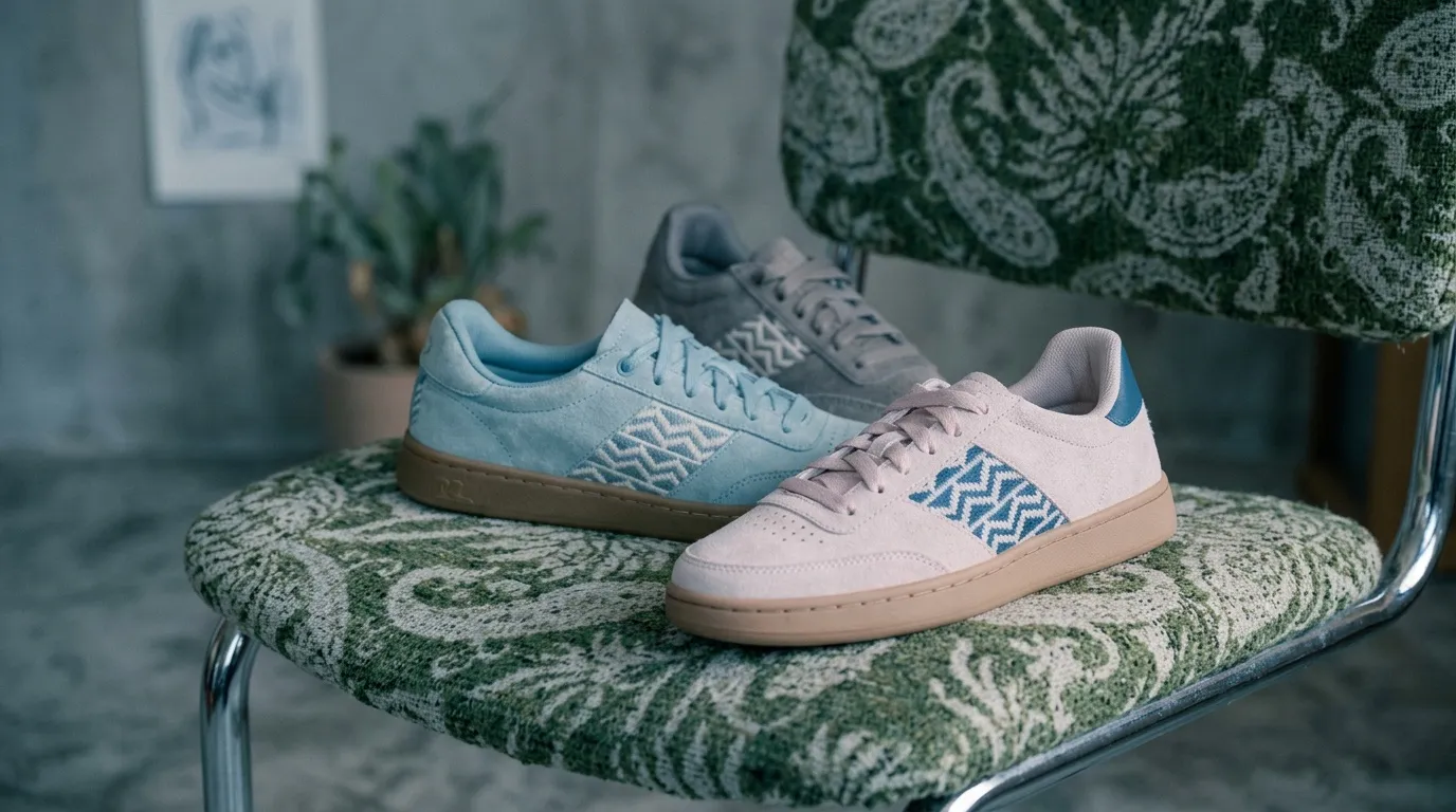 Deux sneakers colorées posées sur un siège à motifs géométriques.
