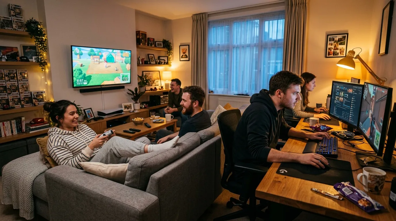 Groupe de jeunes adultes jouant aux jeux vidéo ensemble