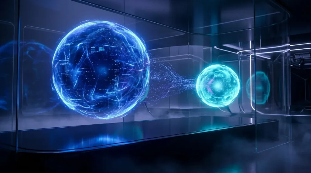 Deux sphères bleues brillantes connectées par flux de données numériques