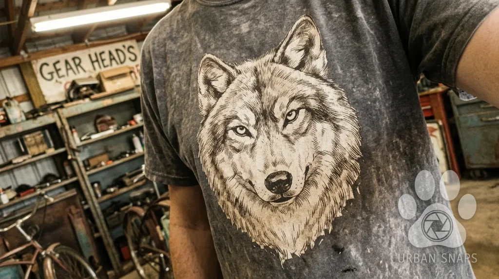Homme portant t-shirt gris avec illustration loup détaillée