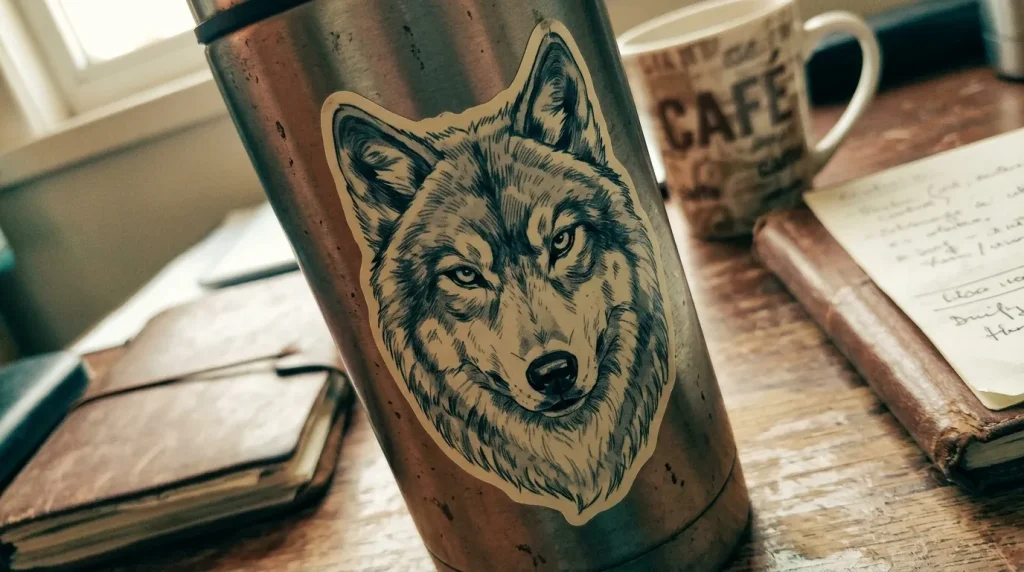 Thermos métallique décorée d'un portrait de loup détaillé
