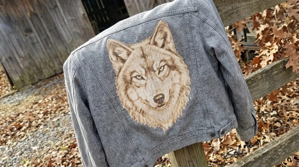 Veste grise ornée d'une broderie de tête de loup