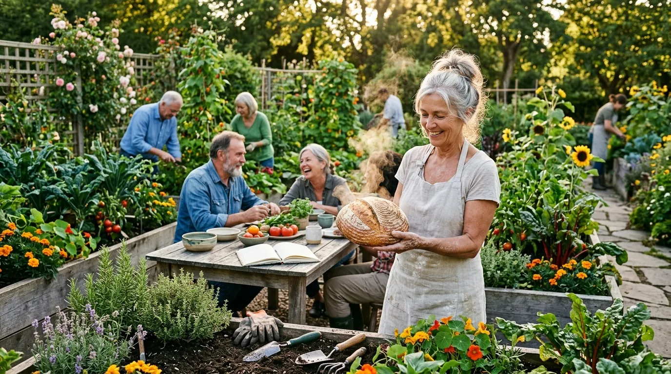Groupe de personnes r&eacute;coltant l&eacute;gumes dans un jardin partag&eacute;