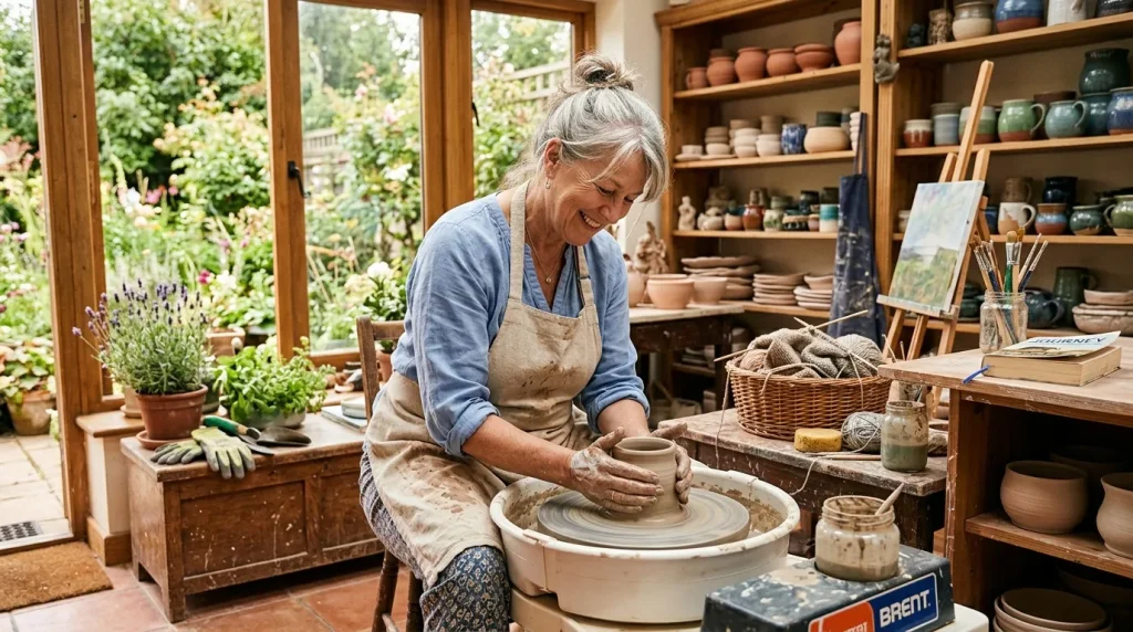 Femme âgée façonne de l'argile sur un tour de potier